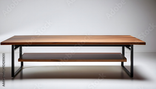 The image features an empty wooden table with an empty wooden bowl and a white ceramic bowl, focusing on simple, isolated objects in a kitchen setting