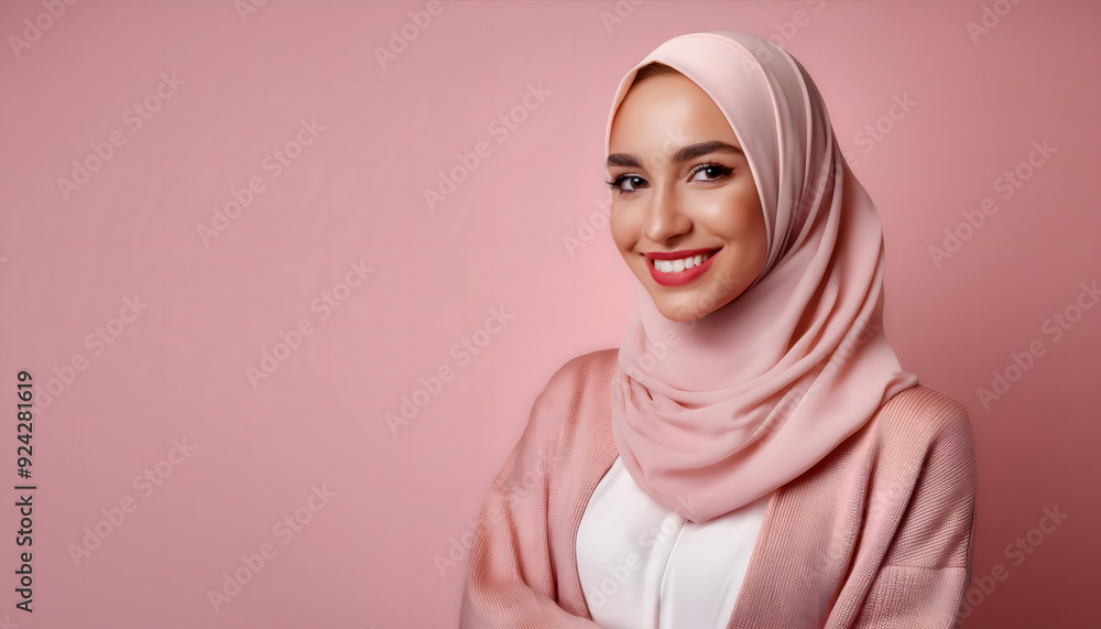 Radiant Confidence: A young Muslim woman beams with joy, her warm smile radiating against a soft pink backdrop. Her hijab, a symbol of faith and grace, complements her infectious happiness. Radiant Confidence: A young Muslim woman beams with joy, her warm smile radiating against a soft pink backdrop. Her hijab, a symbol of faith and grace, complements her infectious happiness.