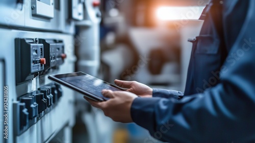 Wallpaper Mural engineer or factory worker using tablet computer for finding how to use machine control panel in factory Torontodigital.ca