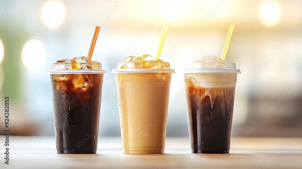 Drink banner, Set of cold ice coffee, caramel latte coffee and black Drink banner, Set of cold ice coffee, caramel latte coffee and black