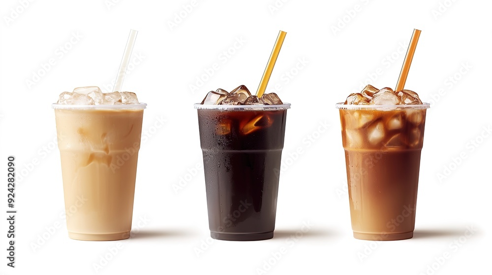 Drink banner, Set of cold ice coffee, caramel latte coffee and black Drink banner, Set of cold ice coffee, caramel latte coffee and black