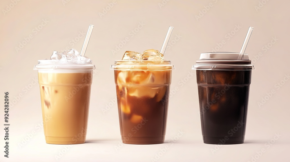 Drink banner, Set of cold ice coffee, caramel latte coffee and black Drink banner, Set of cold ice coffee, caramel latte coffee and black