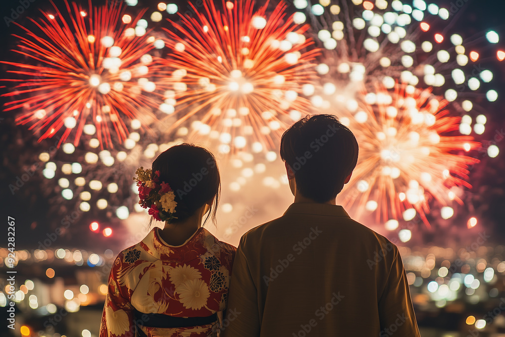 Fototapeta premium 打ち上げ花火を見上げるアジア人カップルの写真