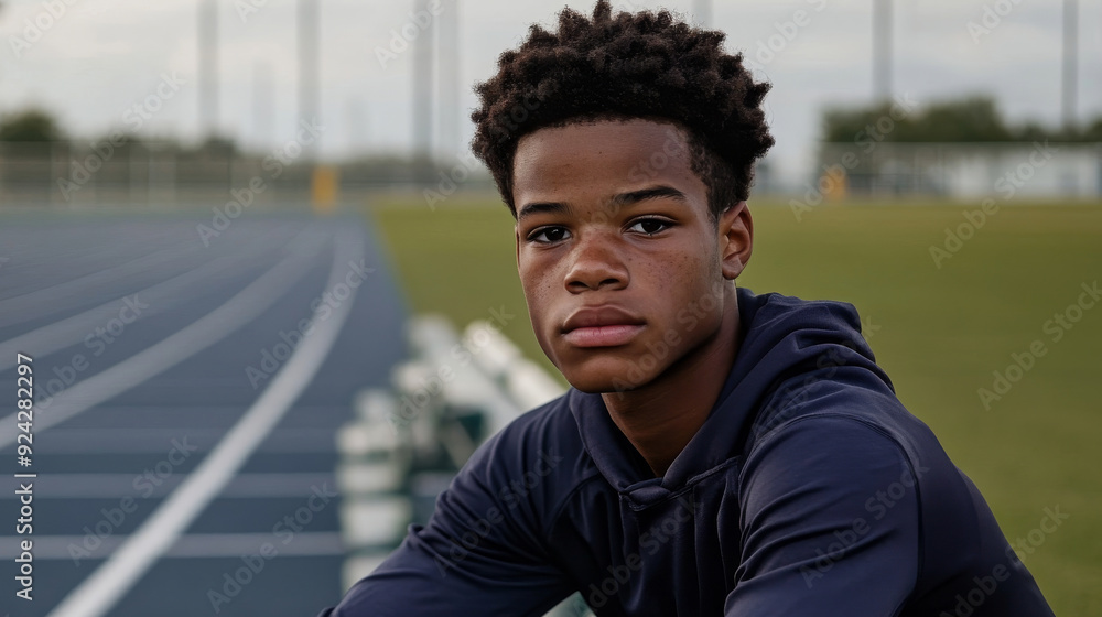 portrait of a teenage male track star with field in behind them portrait of a teenage male track star with field in behind them