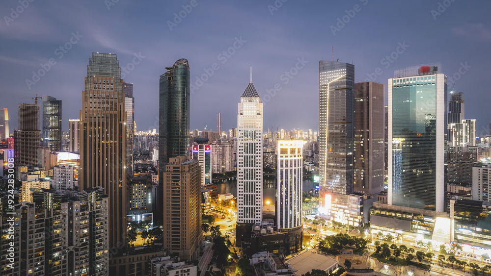 Obraz premium Stunning Night View of a Modern City Skyline Illuminated by Urban Lights