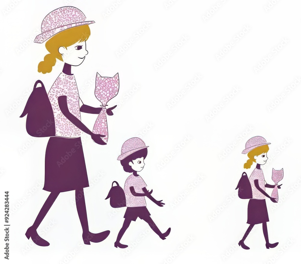 Stylish woman and two children walking together, holding flowers, in a playful illustration. Stylish woman and two children walking together, holding flowers, in a playful illustration.