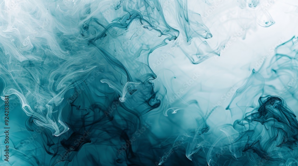 Obraz premium Soft billowing clouds of ink in shades of teal and aquamarine swirling and blending into each other like a watercolor painting