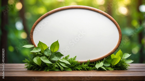 Standing blank oval board sign mockup decorated with leaves on fresh green nature bokeh background photo