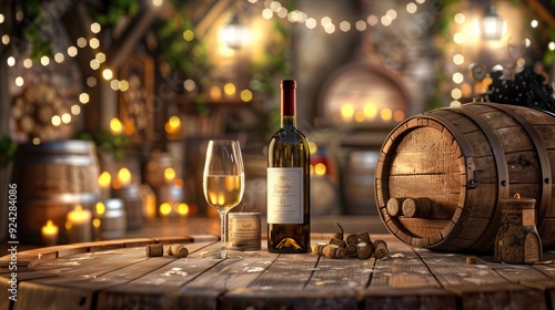 Cozy winery scene with wine bottle, glass, barrel, and grape cluster on wooden table, surrounded by warm lights and rustic decor.