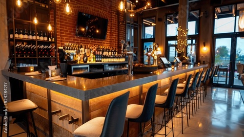 Modern bar interior with stylish seating, exposed brick, and warm lighting, perfect for socializing and enjoying drinks.