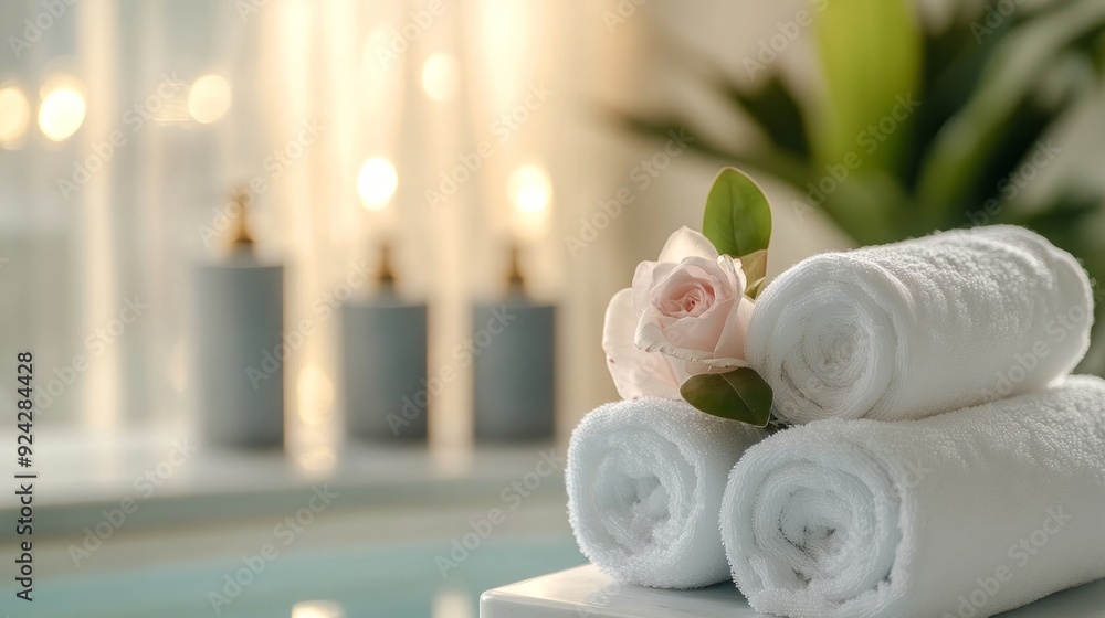 Obraz premium Spa skin care accessory composition set in day spa ,beauty treatment and wellness background with massage stone, plants, essential oils, towels,salts, cream,flowers,luxury spa resort room setting 