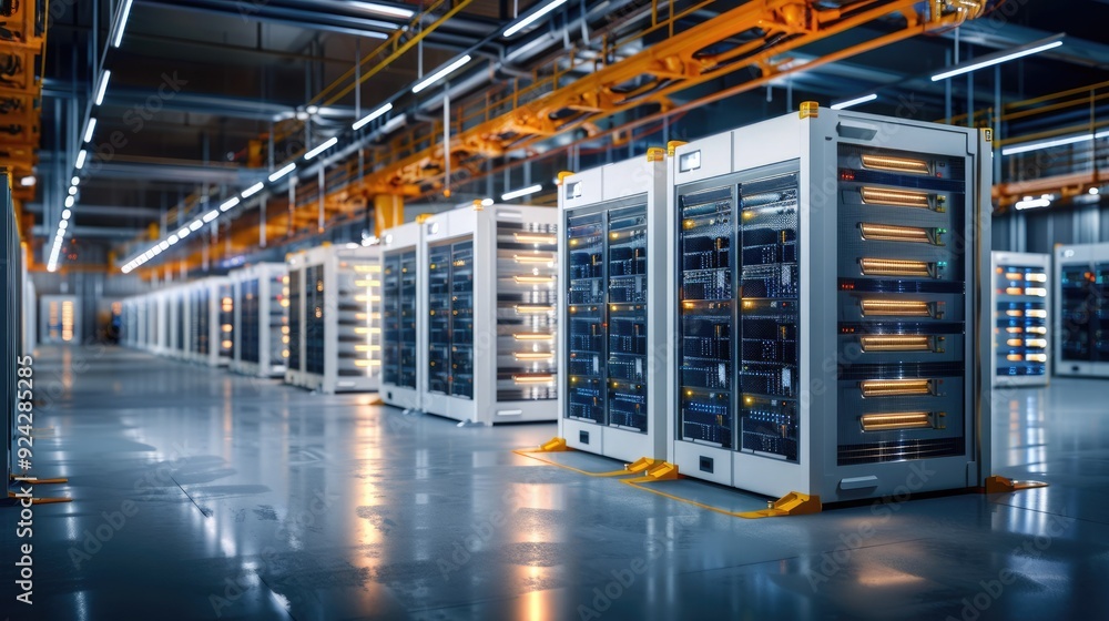 Modern data center interior with rows of server racks and advanced networking equipment, showcasing high-tech infrastructure and efficiency. Modern data center interior with rows of server racks and advanced networking equipment, showcasing high-tech infrastructure and efficiency.