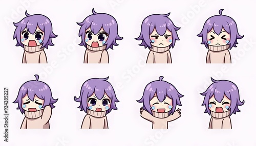 cute purple hair girl twitch emote set photo