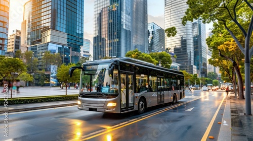 Fototapeta Naklejka Na Ścianę i Meble -  Modern city bus driving on an urban street during a sunny day, surrounded by tall buildings and green trees.