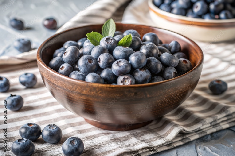 A bowl of blueberries with a green leaf on top A bowl of blueberries with a green leaf on top
