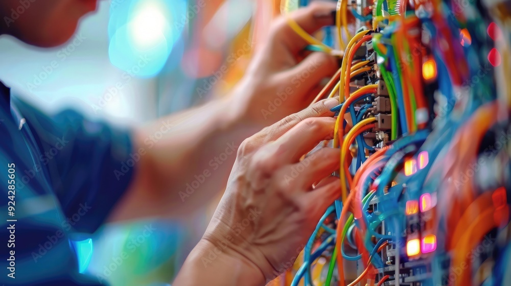 Technician troubleshooting network cables in a server room with colorful wires and connectors for data transmission and communication. Technician troubleshooting network cables in a server room with colorful wires and connectors for data transmission and communication.