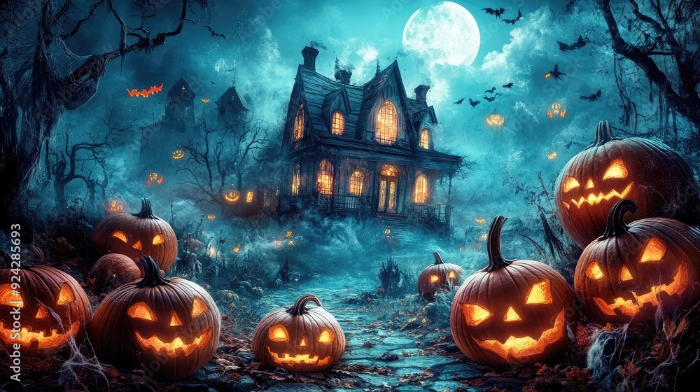 Halloween background with pumpkins and haunted house Halloween background with pumpkins and haunted house