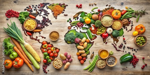 A colorful image of a world map made out of vegetables and fruits