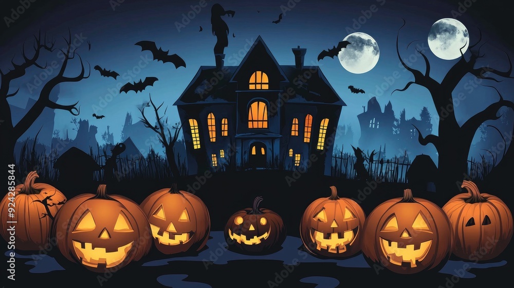 Halloween background with pumpkins and haunted house Halloween background with pumpkins and haunted house