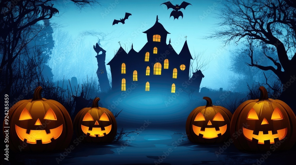 Halloween background with pumpkins and haunted house Halloween background with pumpkins and haunted house