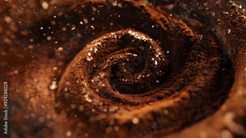 swirling vortex of cocoa powder in mid-air, resembling a galaxy or a spiral nebula, with rich chocolate tones and fine particles suspended in space. photo