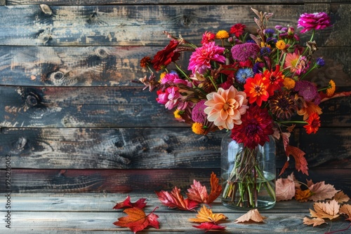 Bouquet of autumn flowers in vase on wooden background