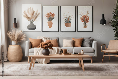 Interior design of cozy living room with stylish sofa, coffee table, dired flowers in vase, mock up poster, carpet, decoration, pillows, plaid and personal accessories in modern home decor. Template photo