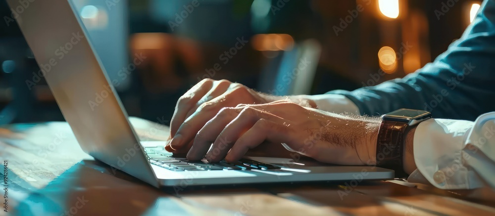 Man Working on Laptop in a Cafe