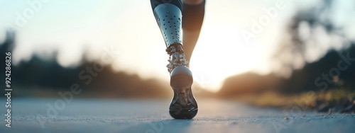 Disabled athlete in sportswear with prosthetic leg running on stadium. Handicapped sportsman with modern artificial leg. Freedom and power concept. Summer Paralympic Games photo