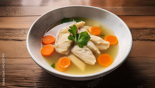 A bowl of chicken soup with carrots and parsley on a wooden table