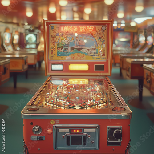 Vintage pinball machine with intricate gold and red designs against a green background.
 photo