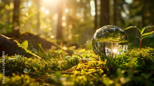 Glass ball on the green moss in the forest concept of protect environment 