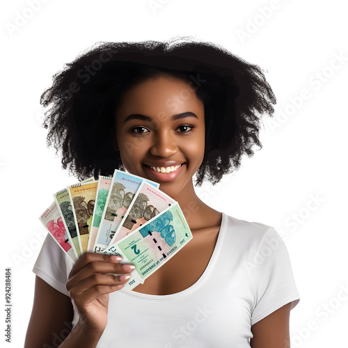 Young black woman holding Zimbabwean zig notes and showing notes to camera over transparent background with copy space, African lady happy similing, hand holds money cash, zimbabwe currency

