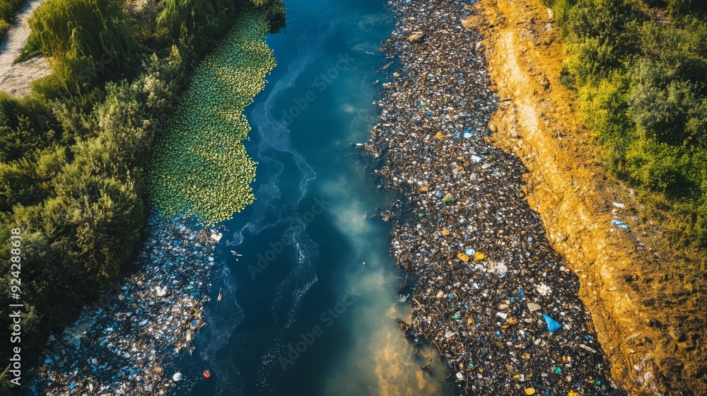 Obraz premium A vibrant stream shows nature's beauty, while a trash-filled river highlights environmental neglect.