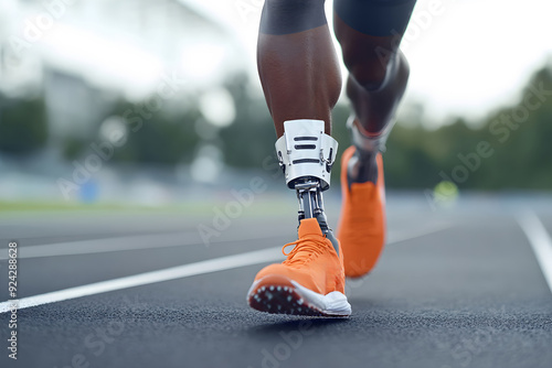 Disabled athlete in sportswear with prosthetic leg running on stadium. Handicapped sportsman with modern artificial leg. Freedom and power concept. Summer Paralympic Games photo