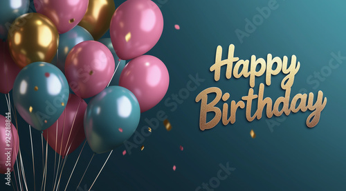 Happy Birthday greeting with colorful balloons and confetti on teal background
 photo