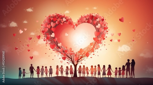 A vibrant scene of love, featuring a heart-shaped tree surrounded by diverse individuals, celebrating unity and togetherness. photo