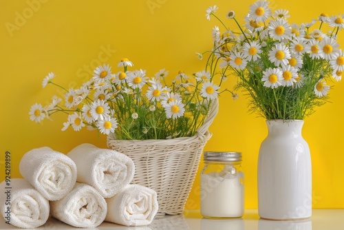 Chamomile flowers stand in a white vase.Three white towels rolled into a roll lie in a basket. Jar with cream. The background is yellow. Still life