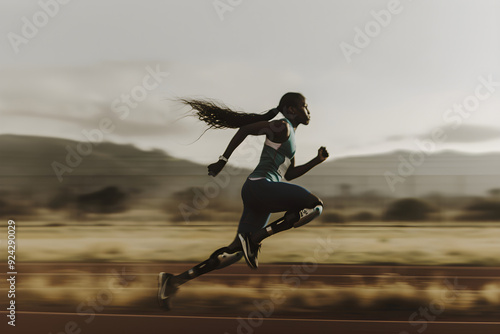 Disabled athlete african american woman in sportswear with prosthetic leg running on stadium in sunrise. Handicapped sportsman with artificial leg. Freedom and power concept. Summer Paralympic Games photo