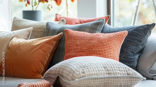 A modern living room featuring a mix of soft nubby cushions in different hues adding a touch of whimsy and comfort to the sleek interior. photo