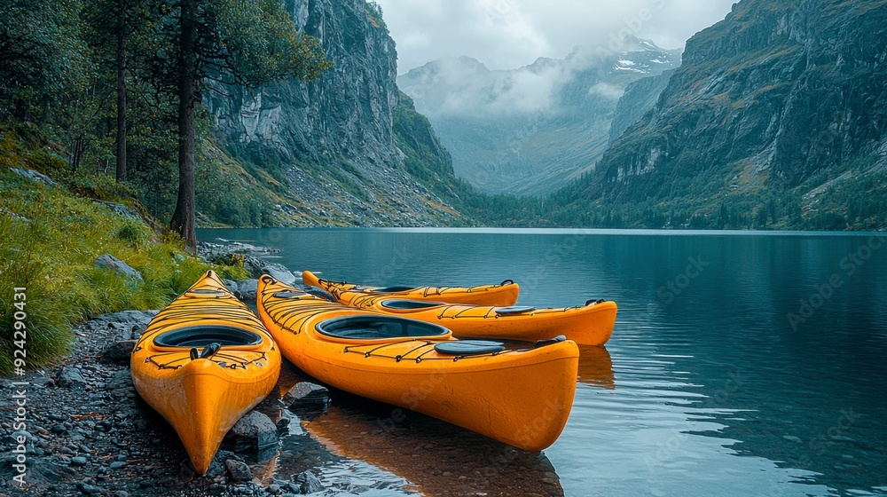 Yellow kayaks by a mountain lake under a cloudy sky, inviting you to explore the wonders of nature Yellow kayaks by a mountain lake under a cloudy sky, inviting you to explore the wonders of nature