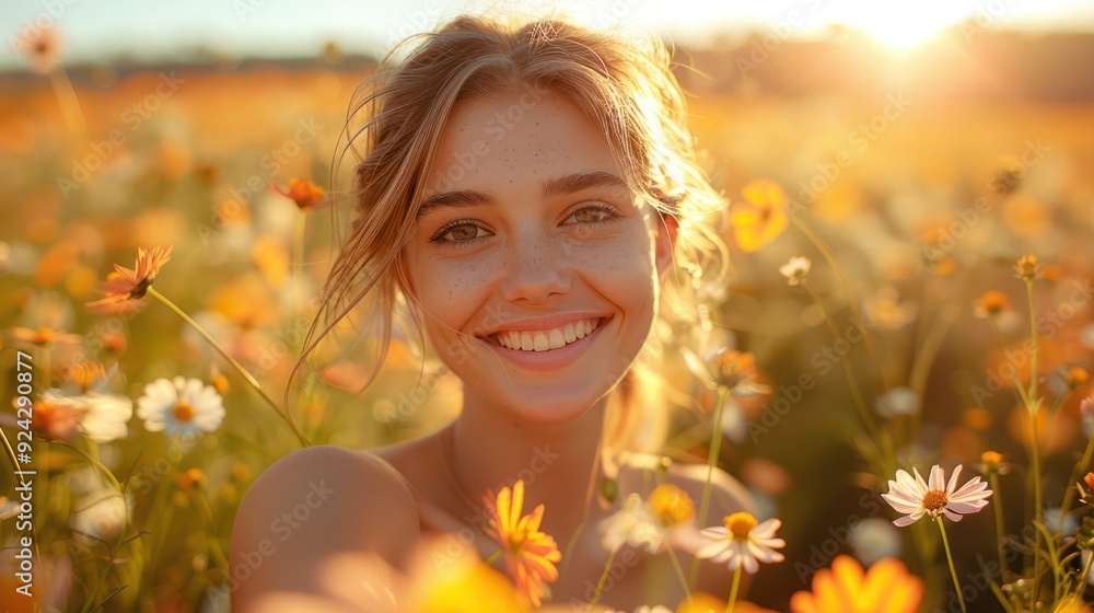 Smiling Woman In A Field Of Flowers Smiling Woman In A Field Of Flowers