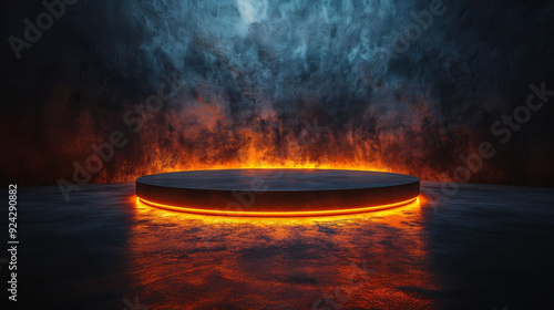 Elegant 3D Circular Floor with Vibrant Orange Lights, Minimalistic Japanese Design, Featuring Dark and Brooding Contemporary Aesthetic, Clean Background