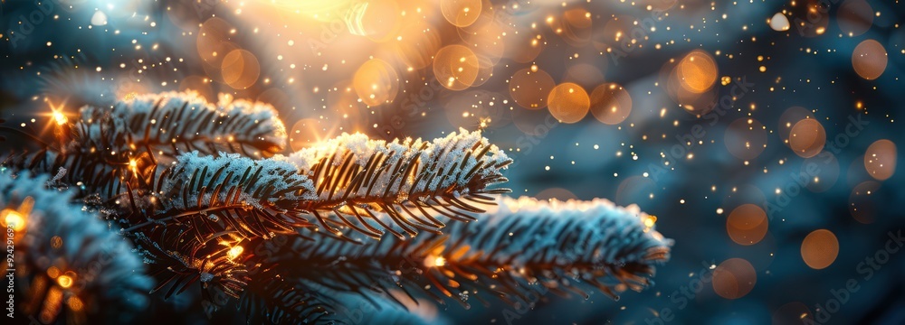 Snowy Pine Branch with Sparkling Lights Snowy Pine Branch with Sparkling Lights
