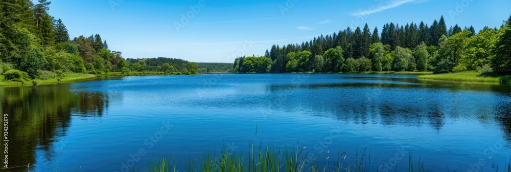 Obraz premium Serene Lake Surrounded by Verdant Forest and Bright Blue Sky Ideal for Relaxation and Nature Enjoyment