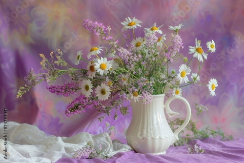 floral background, daisies and ageratum in a jug on a lilac backdrop. a bouquet of garden flowers.