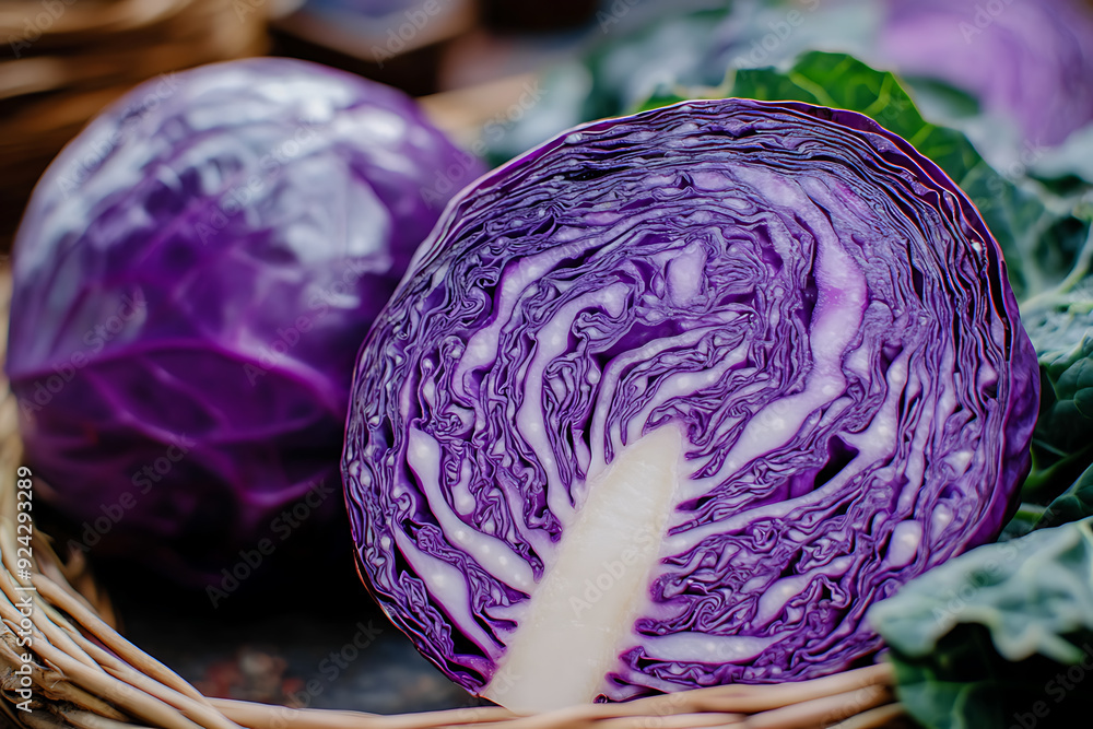 Fototapeta premium Close-up of sliced purple cabbage in basket