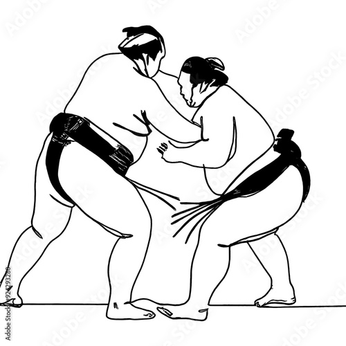 Japanese wrestler, sumo one line art. Continuous line drawing japan, fight, obesity, big man, person, pre-fight greeting, athlete, training, form, sport.