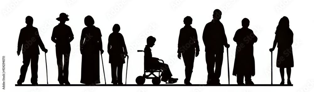 Diverse silhouettes of elderly individuals, including a person in a wheelchair. Diverse silhouettes of elderly individuals, including a person in a wheelchair.