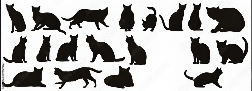 Various cat silhouettes showcasing playful and relaxed poses. Various cat silhouettes showcasing playful and relaxed poses.